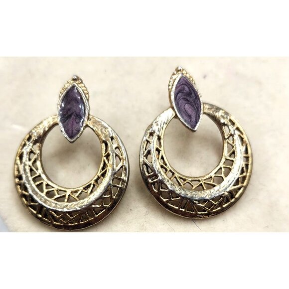 Filigree Gold Tone Hoops Earrings With Purple Tone Enamel Accent - Picture 1 of 2